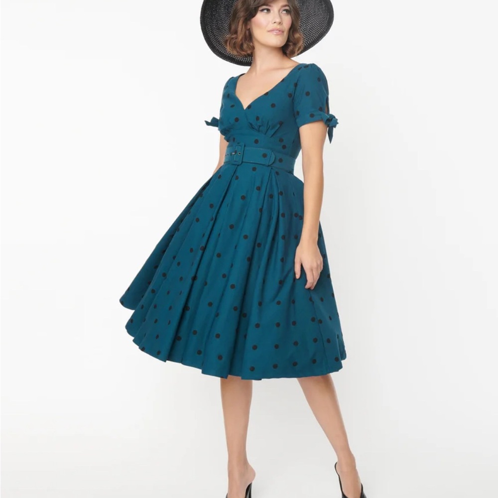 Unique Vintage Teal Polka Dot Dress